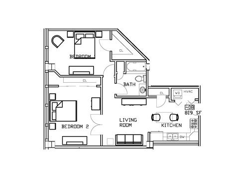 Floor plan for 1 bed, 1 bath, 819 sqft